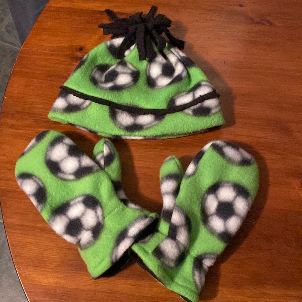 Homemade fleece hat and mittens set